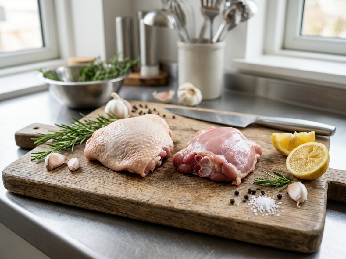 Close-up of raw chicken thighs on a cutting board, one with skin and one without, surrounded by fresh herbs and garlic in a kitchen.
