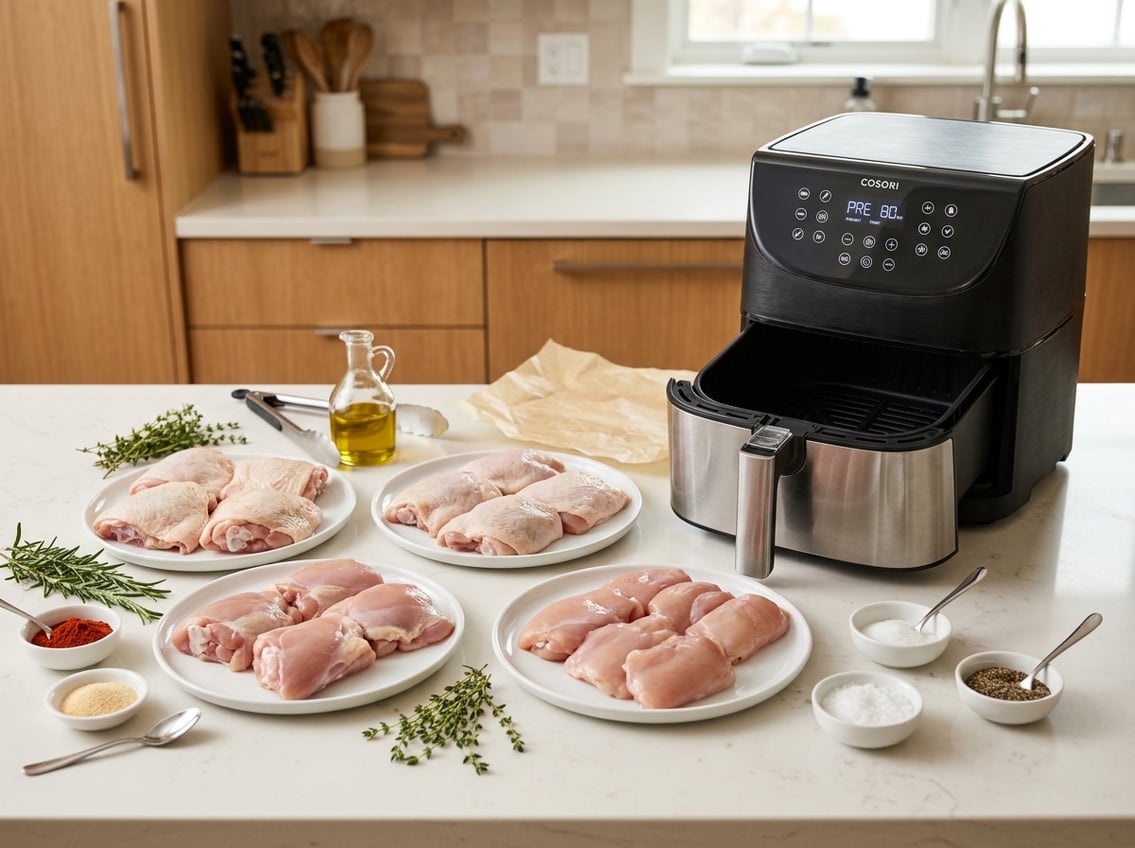 Various types of raw chicken thighs on plates next to an open air fryer with herbs and seasonings on a kitchen countertop.