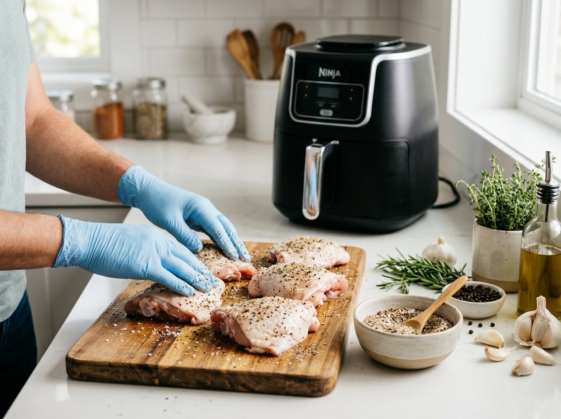 Hands seasoning raw chicken thighs on a cutting board in a kitchen with an air fryer on the counter.
