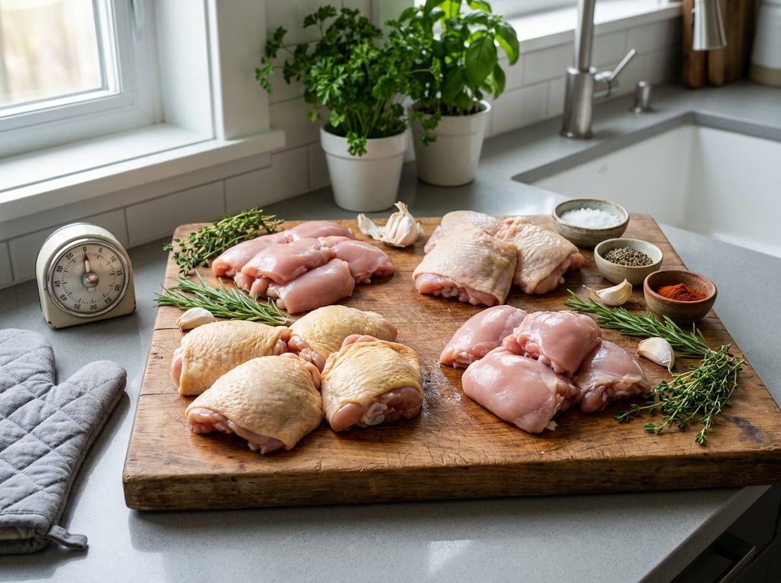 Raw chicken thighs of different types arranged on a cutting board with herbs, spices, and kitchen tools on a countertop.
