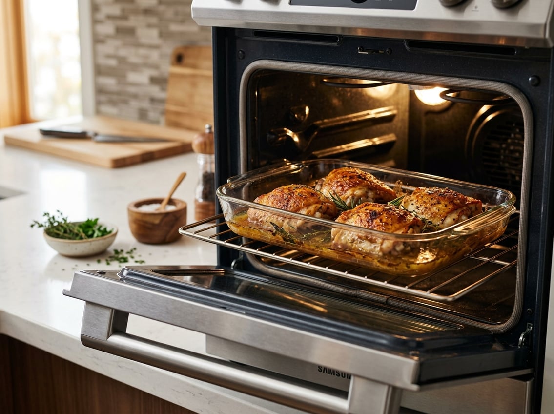 Close-up of golden-brown chicken thighs baking in a glass dish inside an open oven in a modern kitchen.