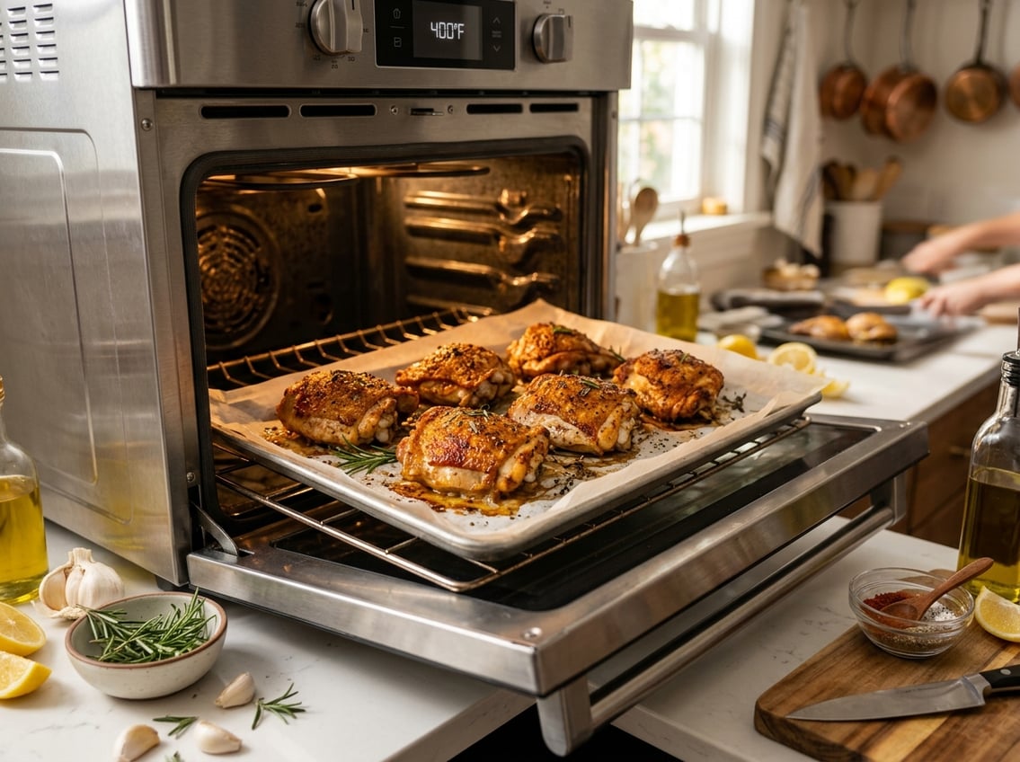 Close-up of crispy golden chicken thighs on a baking tray inside an open oven in a kitchen setting with fresh herbs and ingredients nearby.