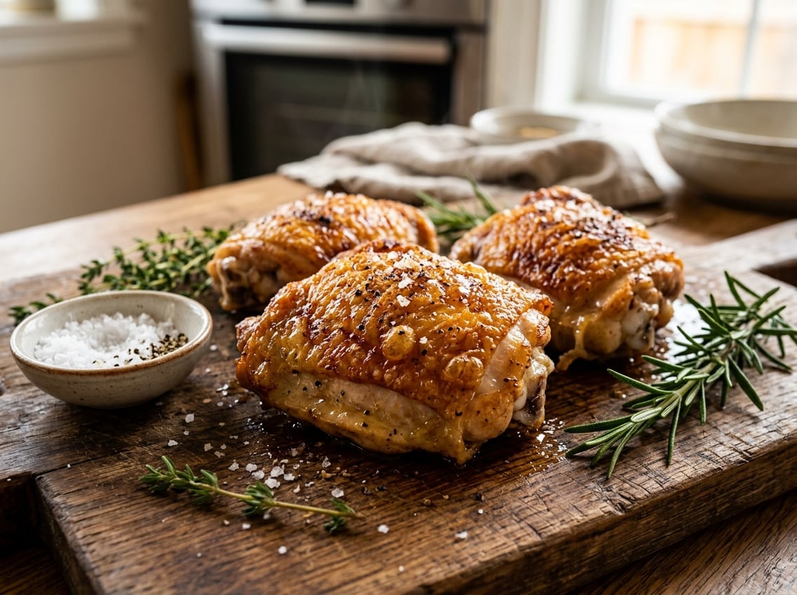 Close-up of golden, crispy chicken thighs on a wooden board with fresh herbs and seasoning in a kitchen setting.
