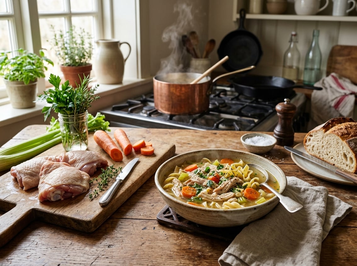 A bowl of steaming chicken noodle soup with chicken thighs, vegetables, and noodles on a wooden table surrounded by raw chicken thighs and fresh vegetables in a kitchen setting.