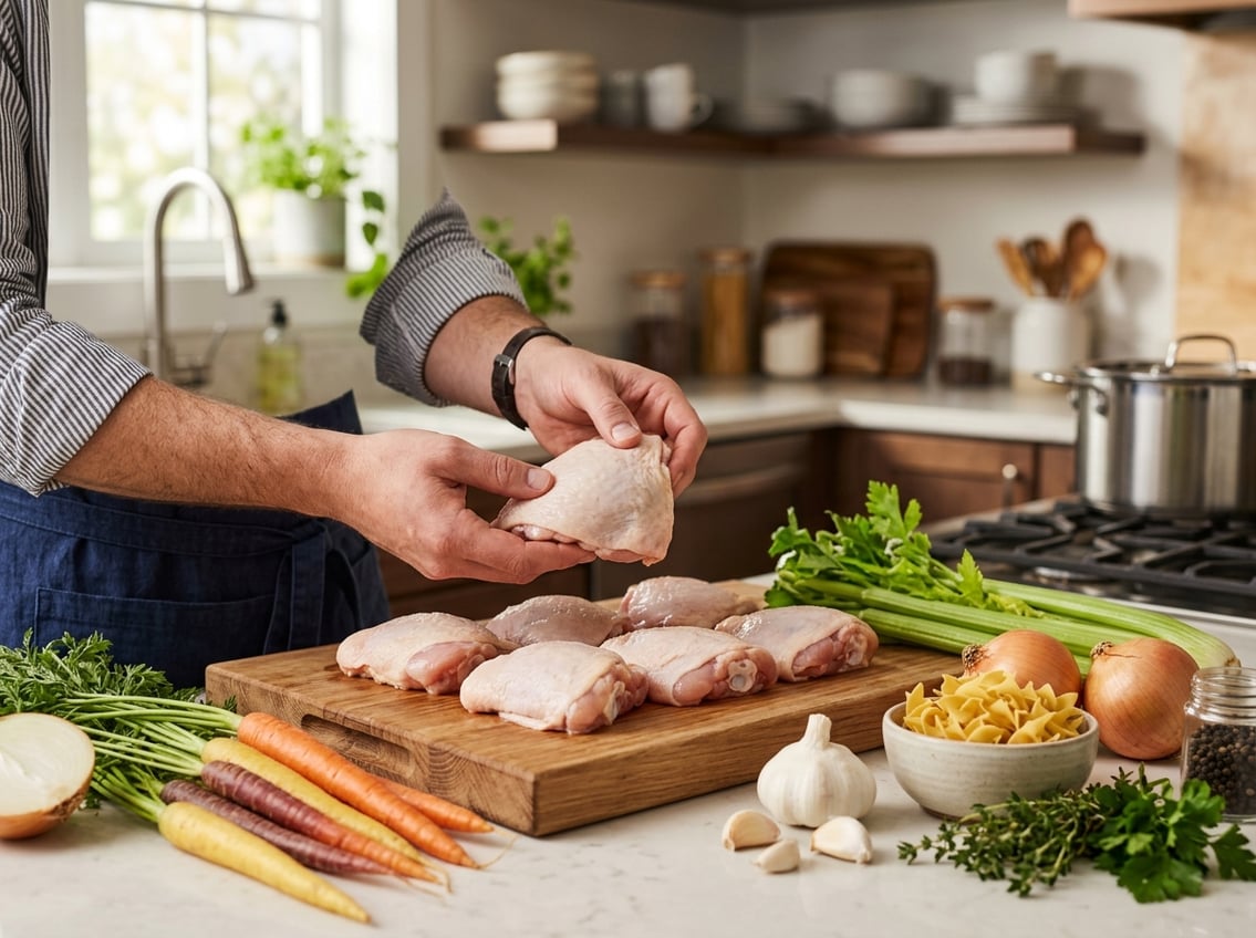 Hands holding raw chicken thighs on a cutting board surrounded by fresh vegetables and uncooked noodles in a kitchen.