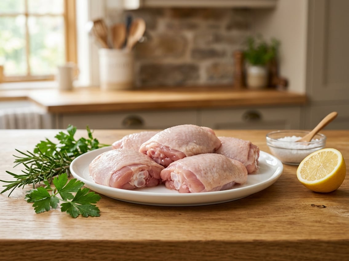 Fresh raw chicken thighs on a white plate with herbs and lemon on a wooden kitchen countertop.