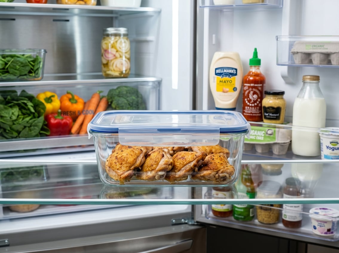 Cooked chicken thighs stored in a glass container inside a refrigerator with other food items.