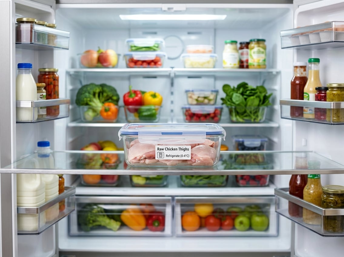 A clean refrigerator shelf with a transparent container holding raw chicken thighs, surrounded by fresh vegetables and other food items.