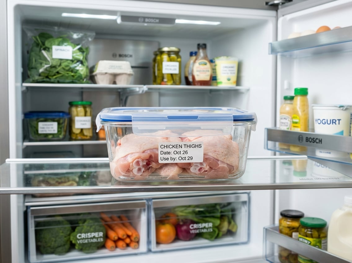A refrigerator interior showing raw chicken thighs stored in a clear airtight container alongside fresh vegetables.