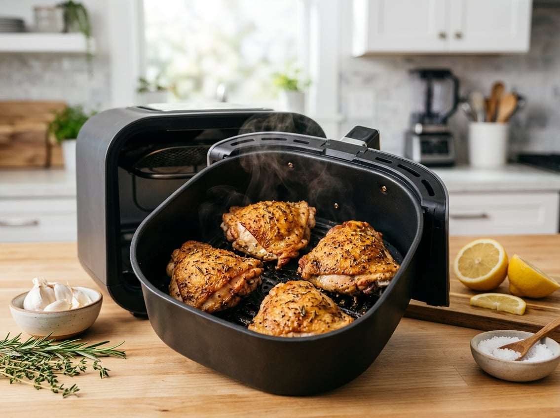 Close-up of golden-brown chicken thighs in an open air fryer basket with fresh herbs and lemon on a kitchen countertop.