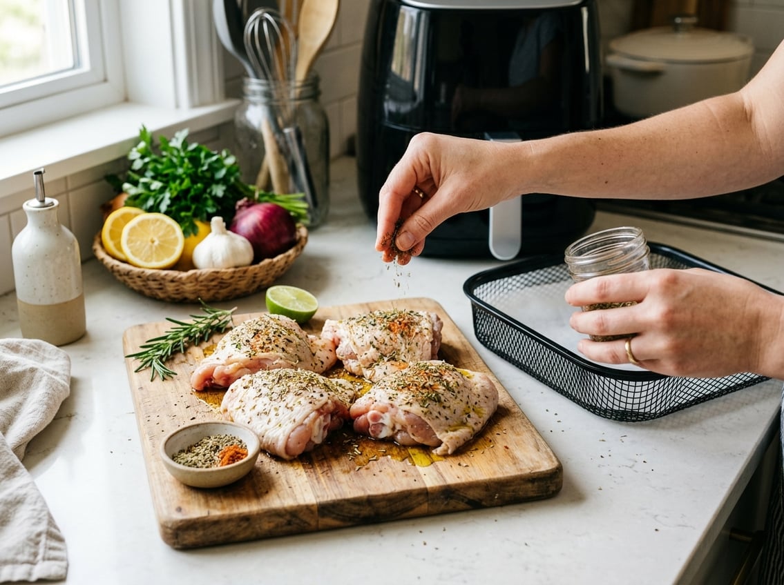 Close-up of hands seasoning raw chicken thighs on a cutting board next to an air fryer basket in a kitchen.