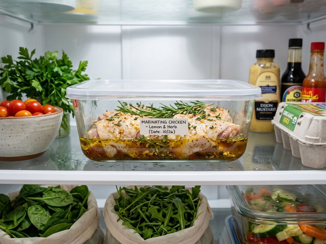 Glass container with raw chicken thighs marinating on a refrigerator shelf surrounded by fresh vegetables and condiments.