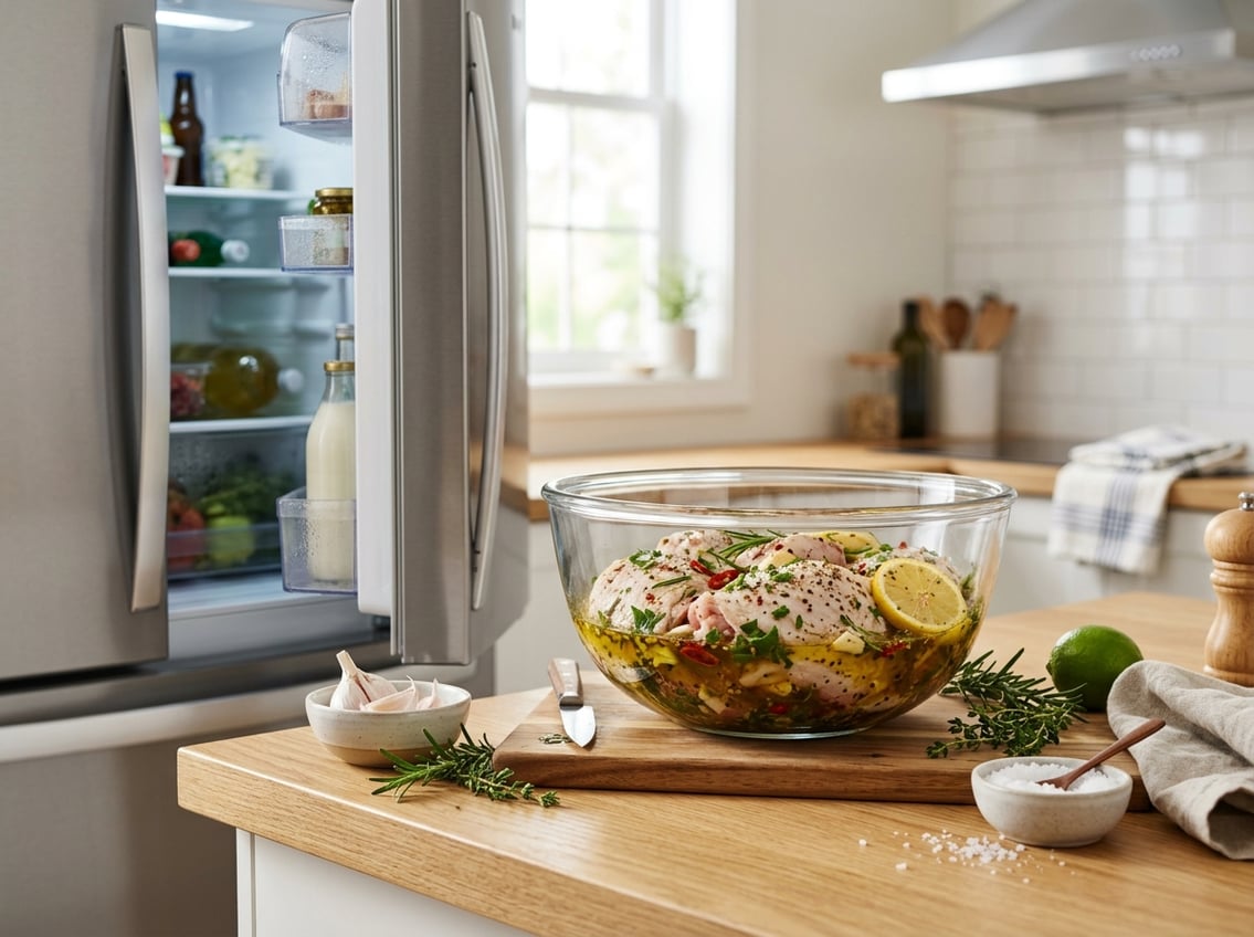 A kitchen countertop with a glass bowl of raw chicken thighs marinating in herbs and spices, next to fresh ingredients and an open refrigerator.
