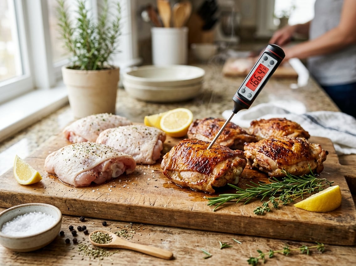 Close-up of raw and cooked chicken thighs on a cutting board with a meat thermometer showing the internal temperature.