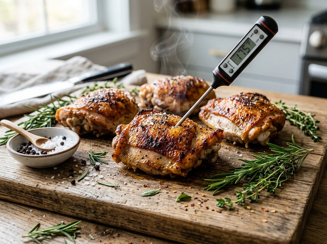 Close-up of cooked chicken thighs on a wooden cutting board with herbs and a meat thermometer showing the temperature.