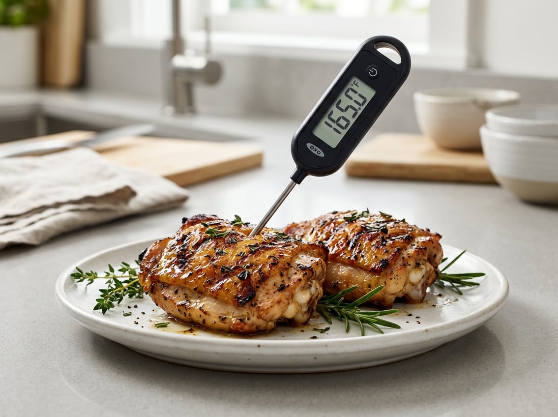 Close-up of cooked chicken thighs on a plate with a digital meat thermometer showing a safe internal temperature.