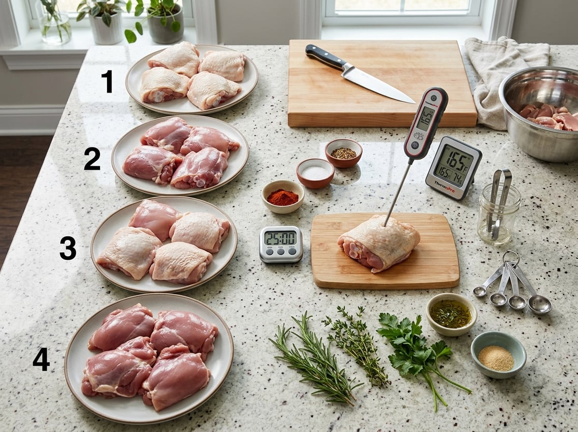 Top-down view of various types of raw chicken thighs on plates with cooking tools and spices arranged on a kitchen countertop.