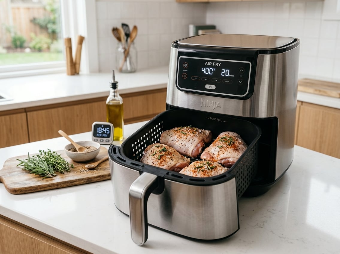 Close-up of raw seasoned chicken thighs in an open air fryer basket on a kitchen counter with herbs and a timer nearby.