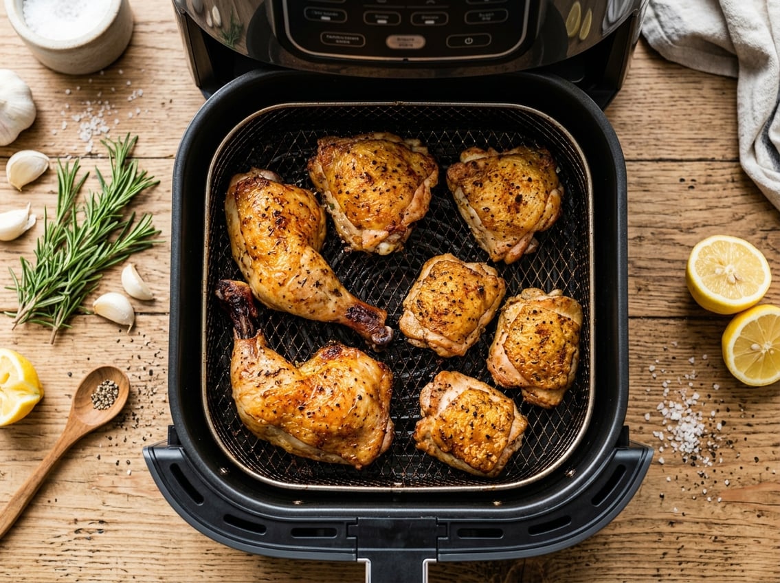 Air fryer basket with bone-in and boneless chicken thighs cooking, surrounded by fresh herbs and lemon on a kitchen countertop.