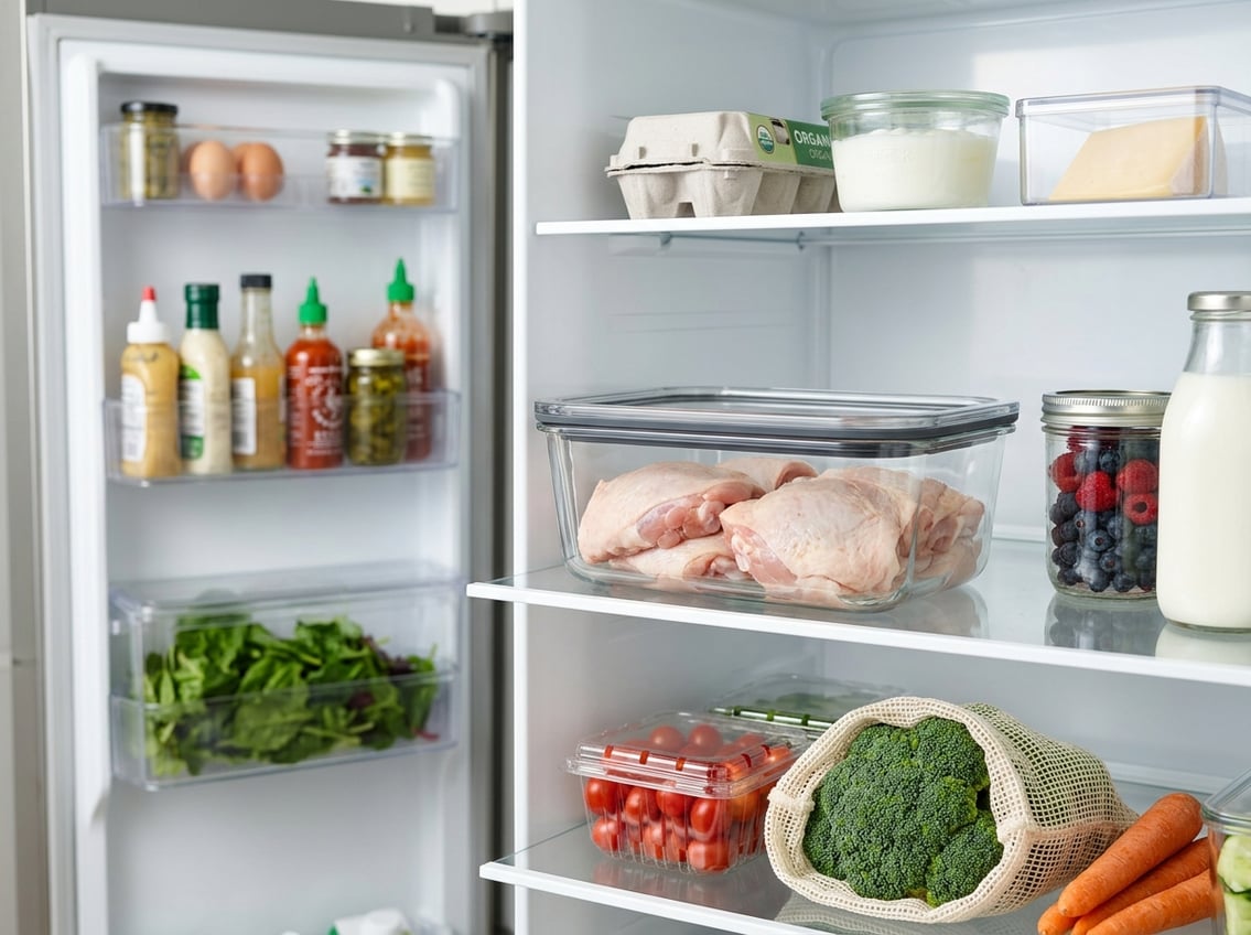 Inside a clean refrigerator with raw chicken thighs stored in a clear container on a shelf surrounded by fresh food items.
