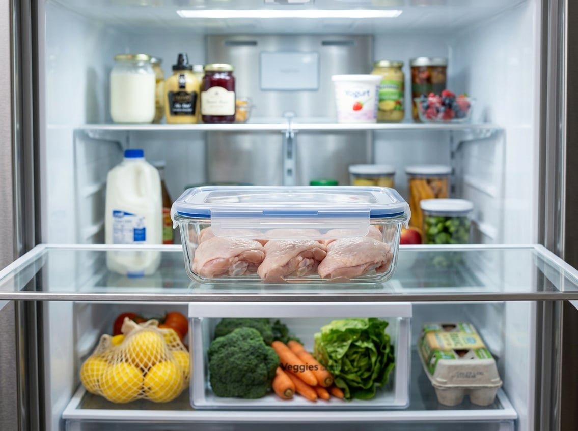 Raw chicken thighs stored in a clear airtight container inside a clean refrigerator.