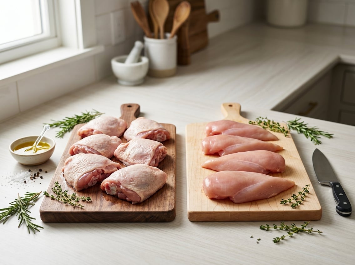 Two wooden cutting boards on a kitchen countertop displaying raw chicken thighs on one and raw chicken breasts on the other, with herbs and a knife nearby.
