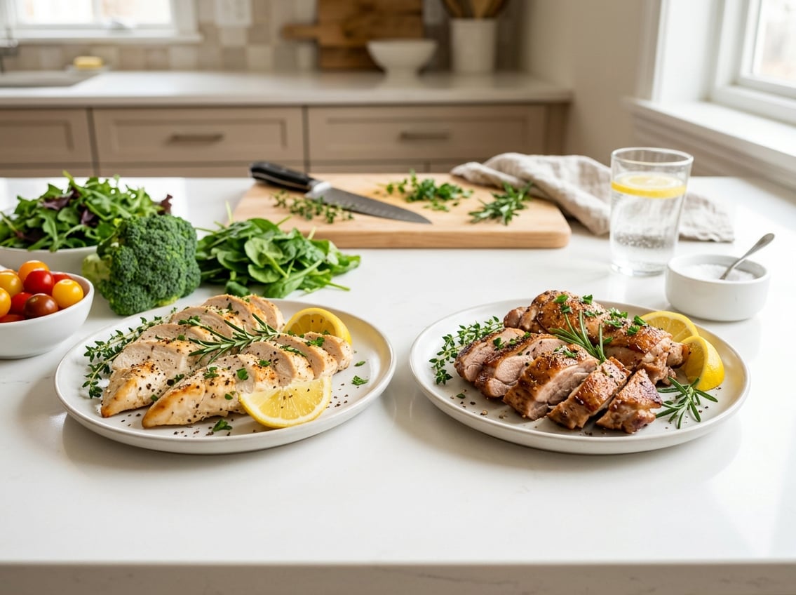 Two plates on a kitchen countertop, one with cooked chicken breasts and the other with cooked chicken thighs, both garnished with herbs and surrounded by fresh vegetables.