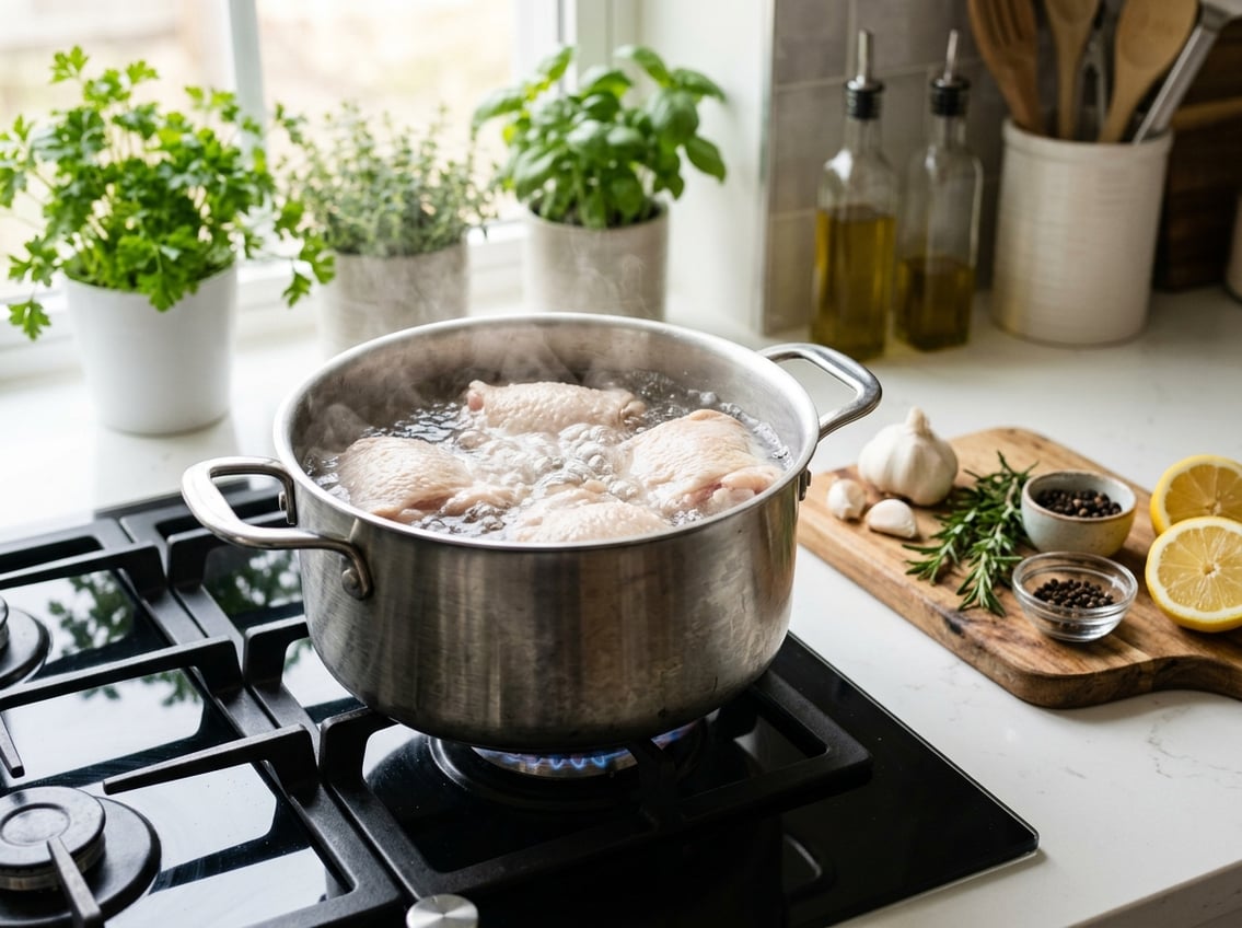 A pot of boiling water with chicken thighs cooking on a stovetop in a bright kitchen, surrounded by fresh herbs and ingredients.