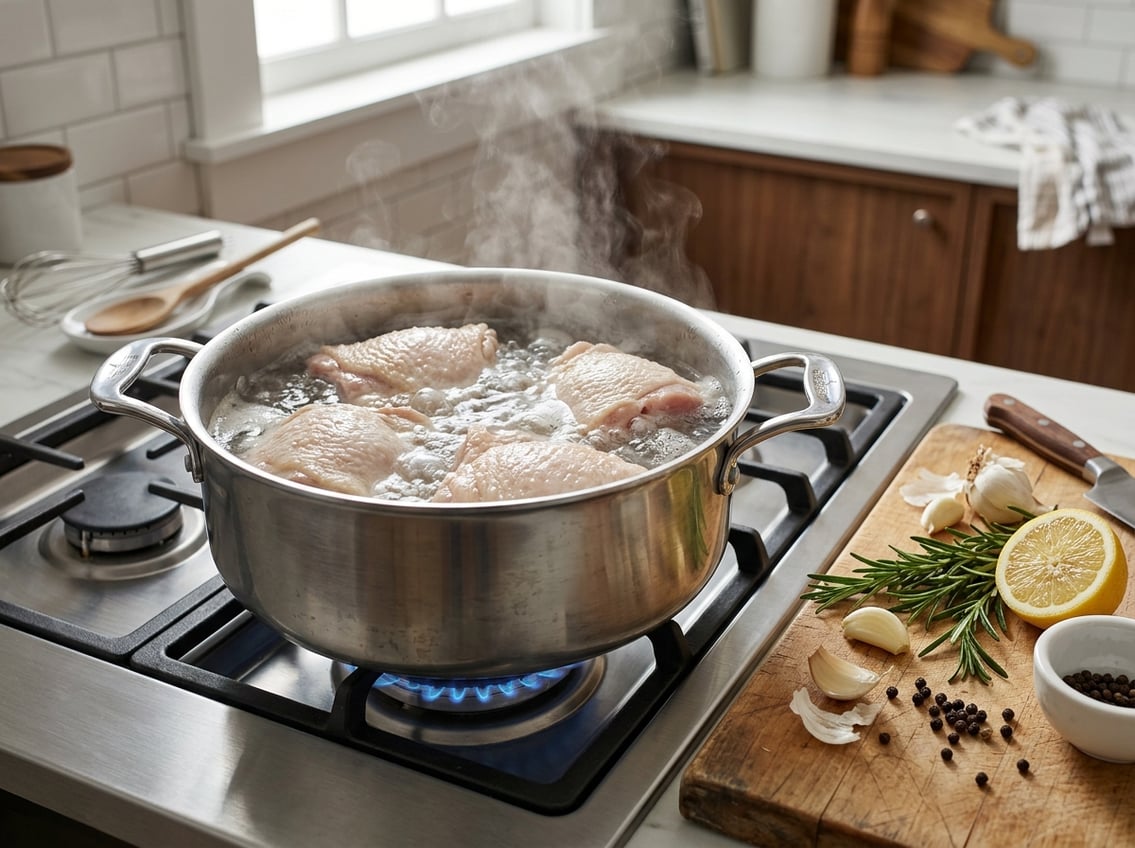 A pot of chicken thighs boiling on a stovetop surrounded by fresh herbs and ingredients in a kitchen.