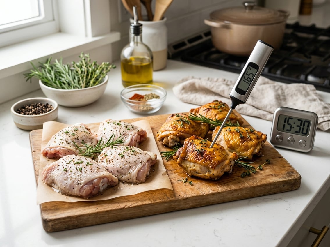 Close-up of raw and cooked chicken thighs on a cutting board with a meat thermometer and oven timer in a kitchen setting.