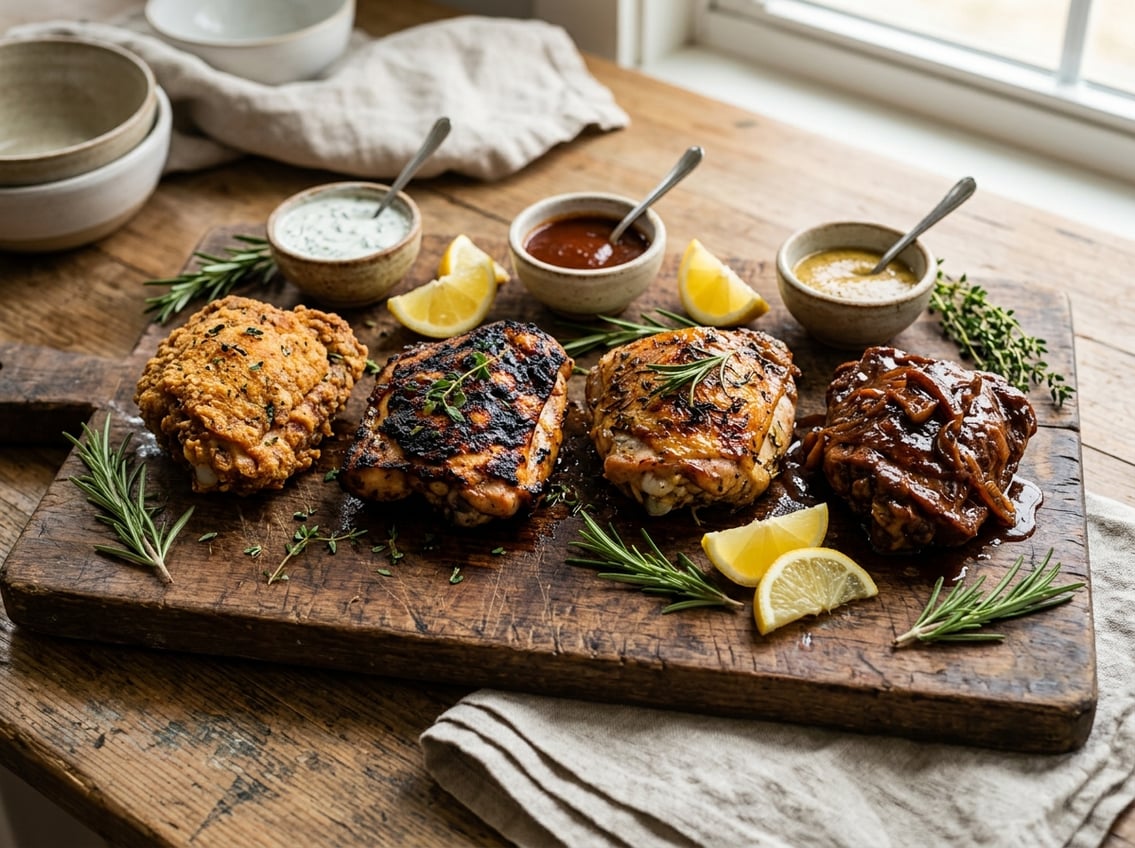 A variety of cooked chicken thighs displayed on a wooden board with herbs, lemon wedges, and dipping sauces in a kitchen setting.