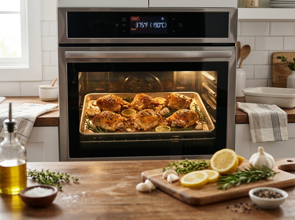 Close-up of chicken thighs roasting in an oven with fresh ingredients on a kitchen countertop.
