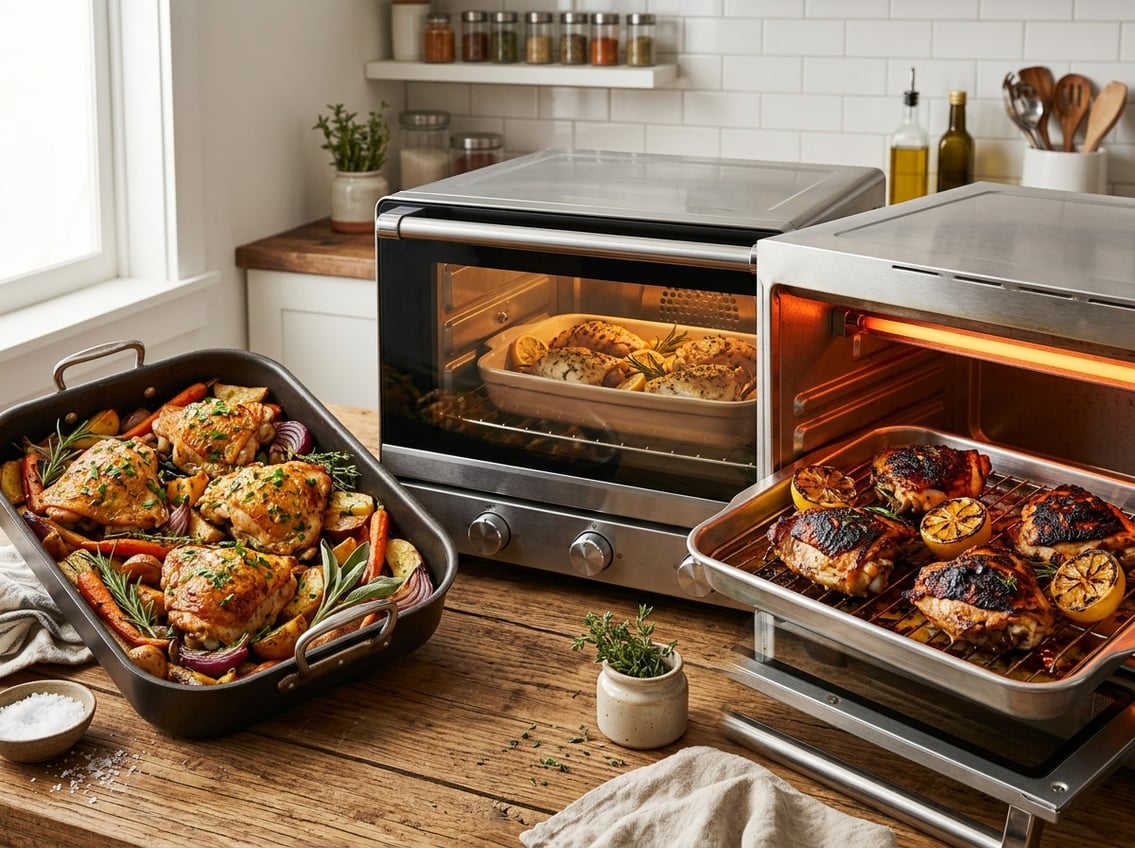 Three chicken thighs cooked using roasting, baking, and broiling methods displayed in a kitchen setting.