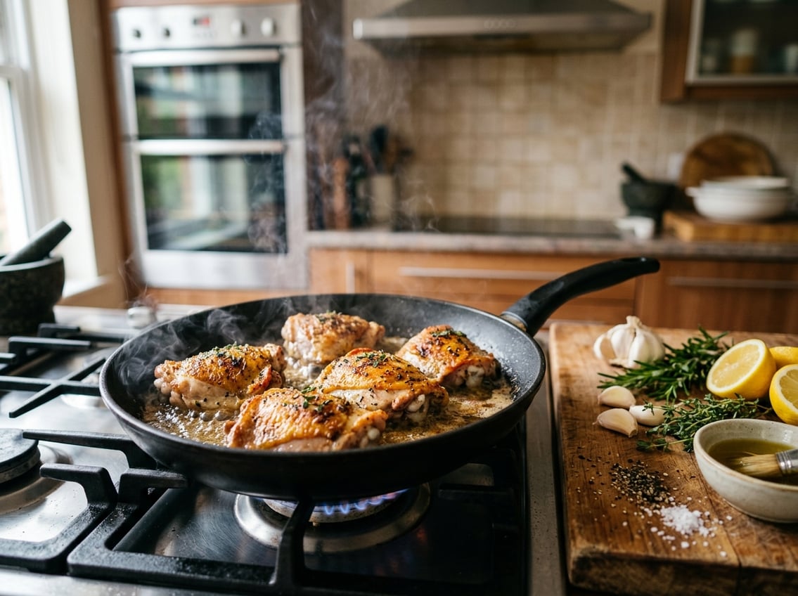 Close-up of chicken thighs frying in a pan on a stove with fresh herbs and lemon nearby in a kitchen.
