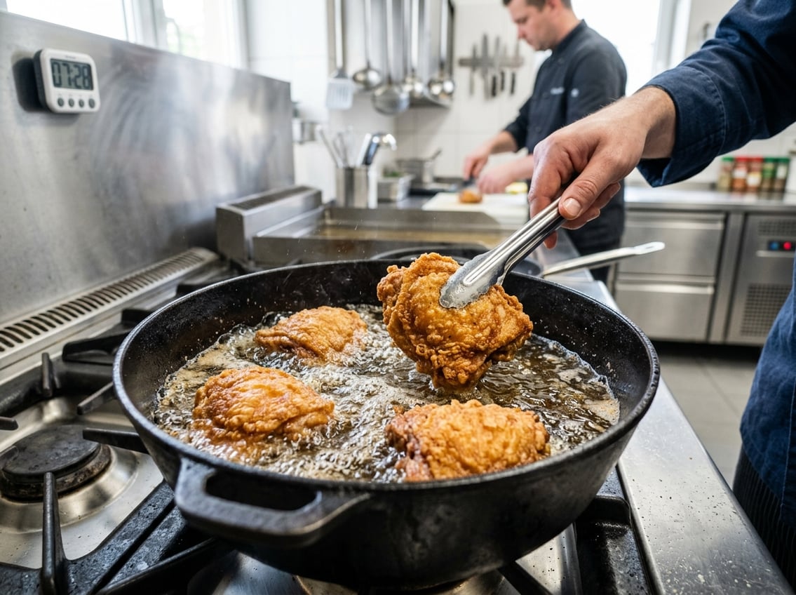 Close-up of chicken thighs frying in hot oil inside a deep fryer with a chef using tongs to handle the food.
