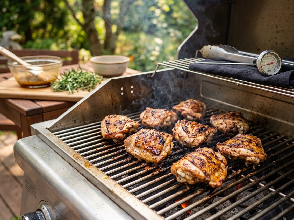 Close-up of chicken thighs grilling on a barbecue with smoke rising and grilling tools nearby.