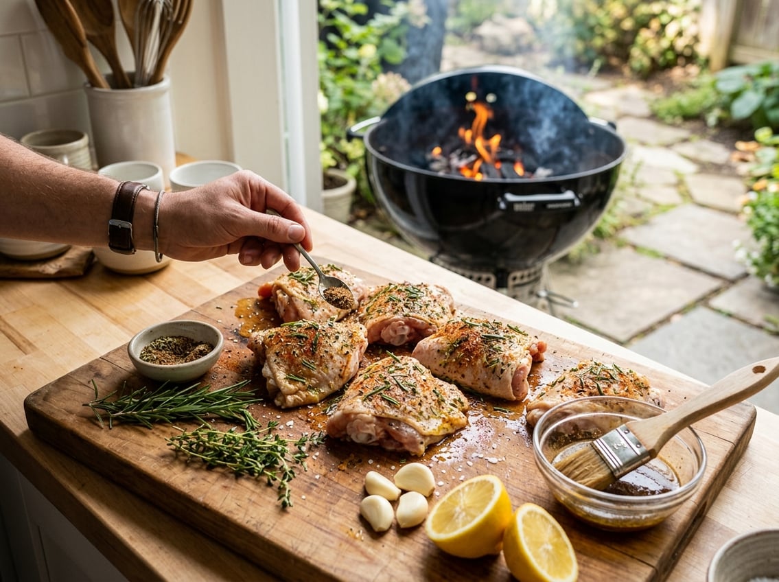 Fresh chicken thighs being seasoned on a cutting board with spices and herbs near a grill ready for cooking.