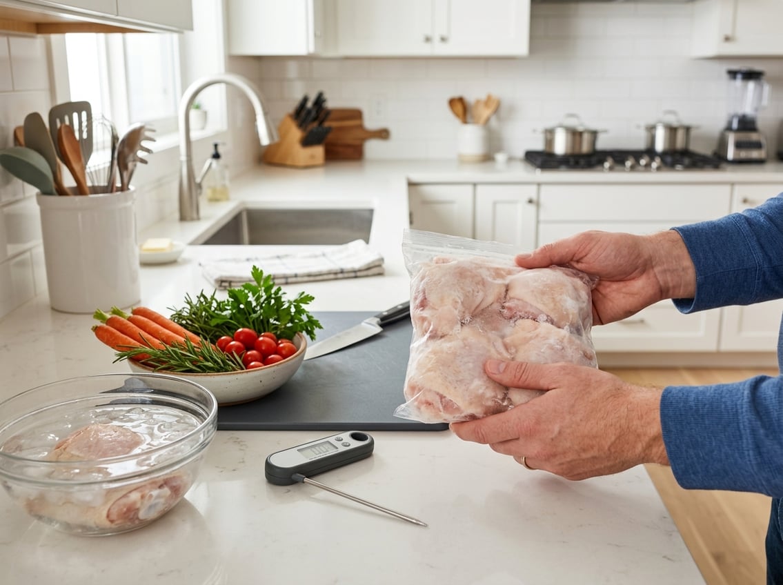Hands holding frozen chicken thighs over a kitchen counter with a meat thermometer and bowl of water nearby.