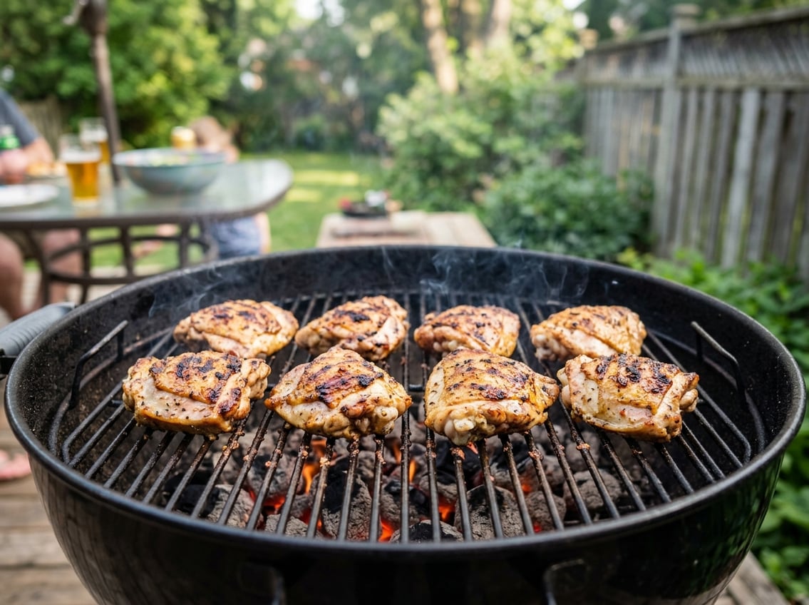 Chicken thighs cooking on a charcoal grill outdoors with smoke rising and greenery in the background.