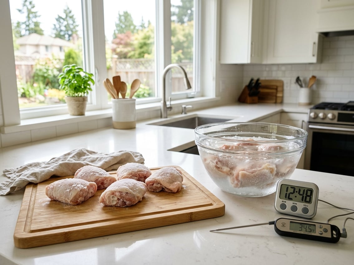 Frozen chicken thighs on a cutting board next to a bowl of cold water and kitchen tools on a kitchen countertop.