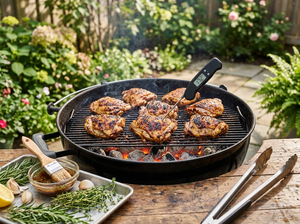 Grilled chicken thighs cooking on a charcoal grill with a meat thermometer and fresh herbs nearby in a sunny backyard.