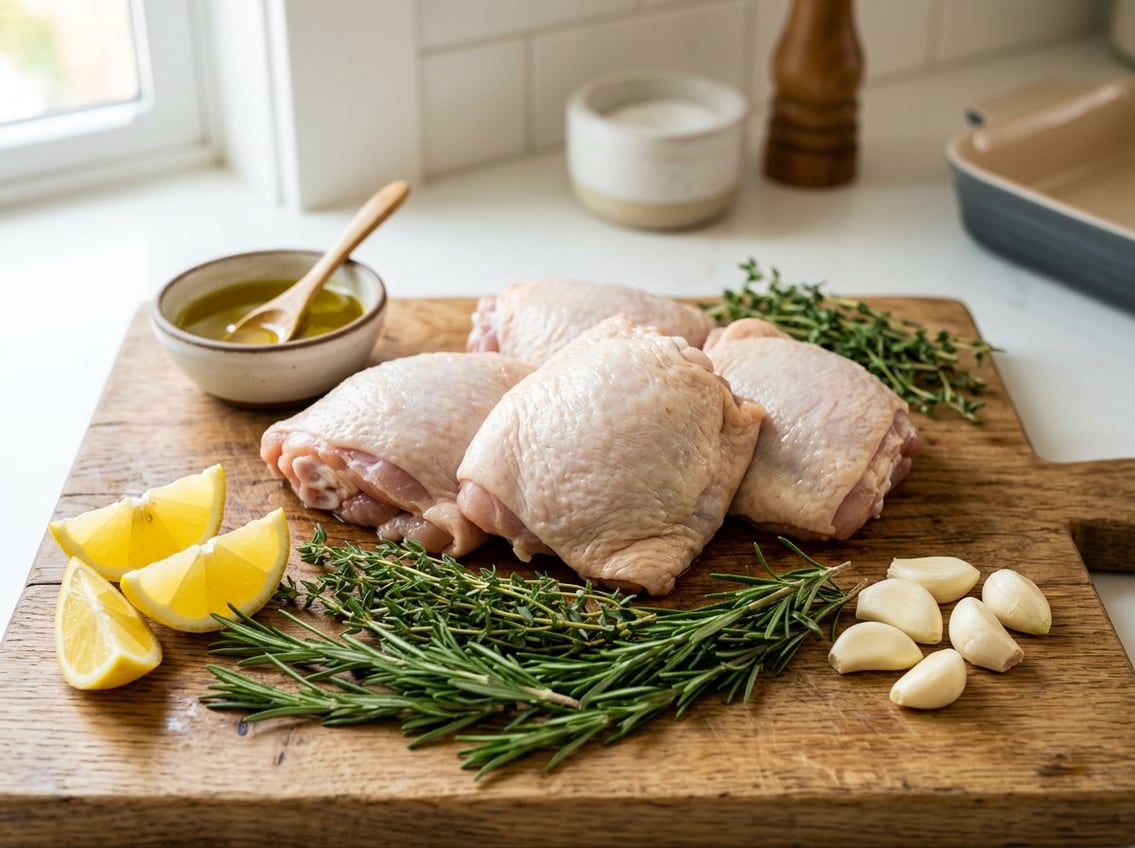 Close-up of raw chicken thighs on a wooden cutting board with herbs, garlic, lemon wedges, and olive oil on a kitchen countertop.