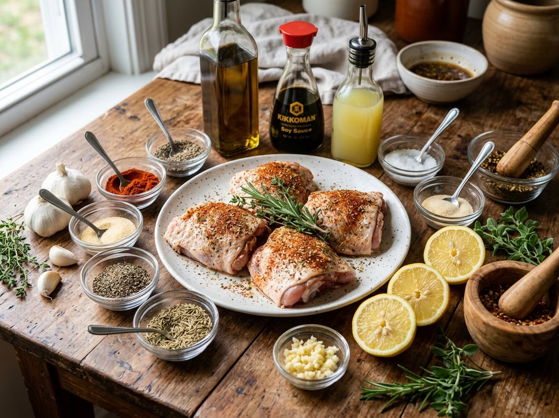 Raw chicken thighs on a plate surrounded by bowls of spices, bottles of marinade, and fresh herbs on a wooden table.