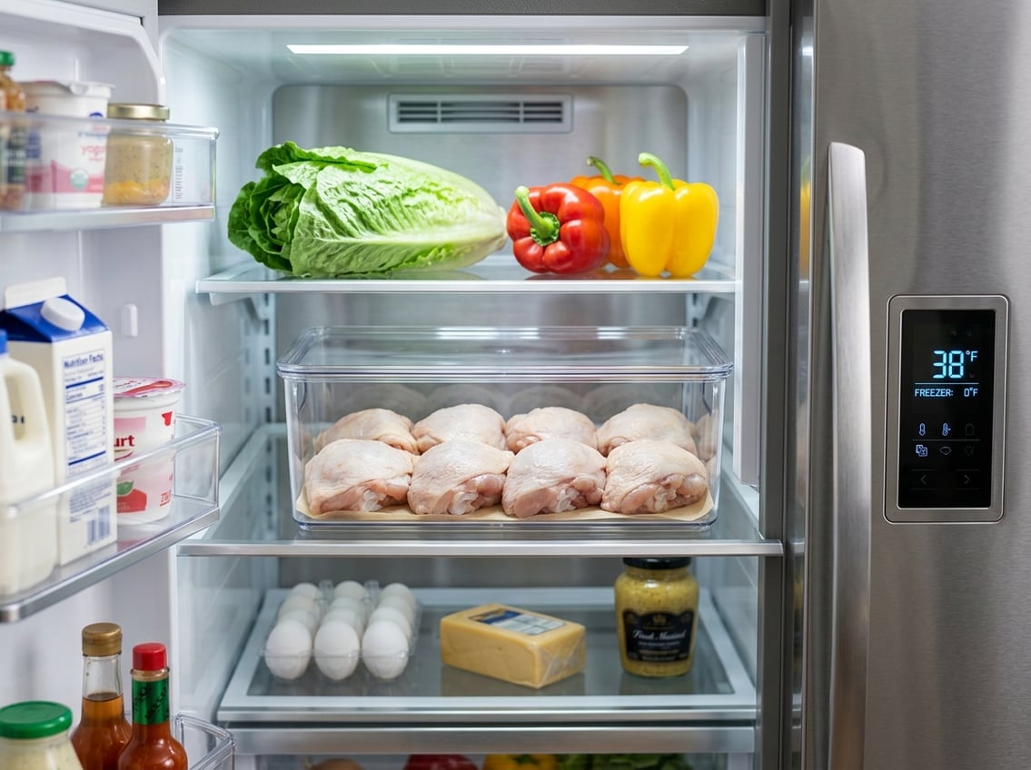 Inside a refrigerator showing raw chicken thighs stored in a clear container on a shelf with fresh vegetables nearby.