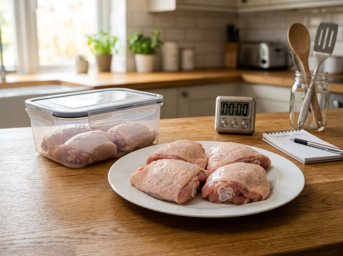Raw chicken thighs on a plate next to a sealed food storage container on a kitchen countertop.