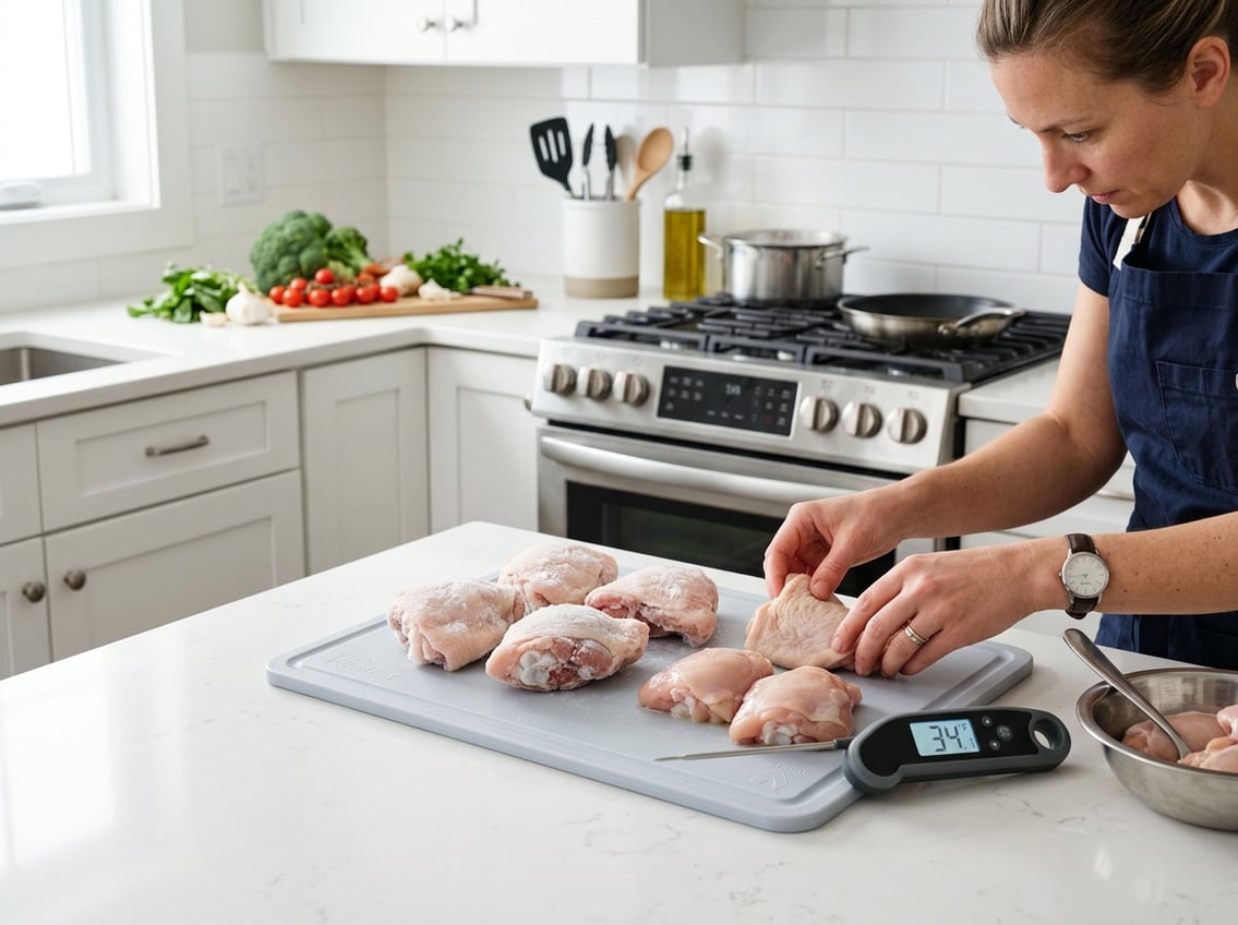 A kitchen scene showing raw chicken thighs on a cutting board with a digital thermometer nearby, surrounded by fresh vegetables and kitchen utensils.