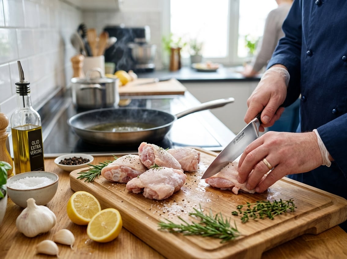 Frozen chicken thighs on a cutting board with fresh herbs and cooking ingredients in a kitchen, a hand preparing the chicken.