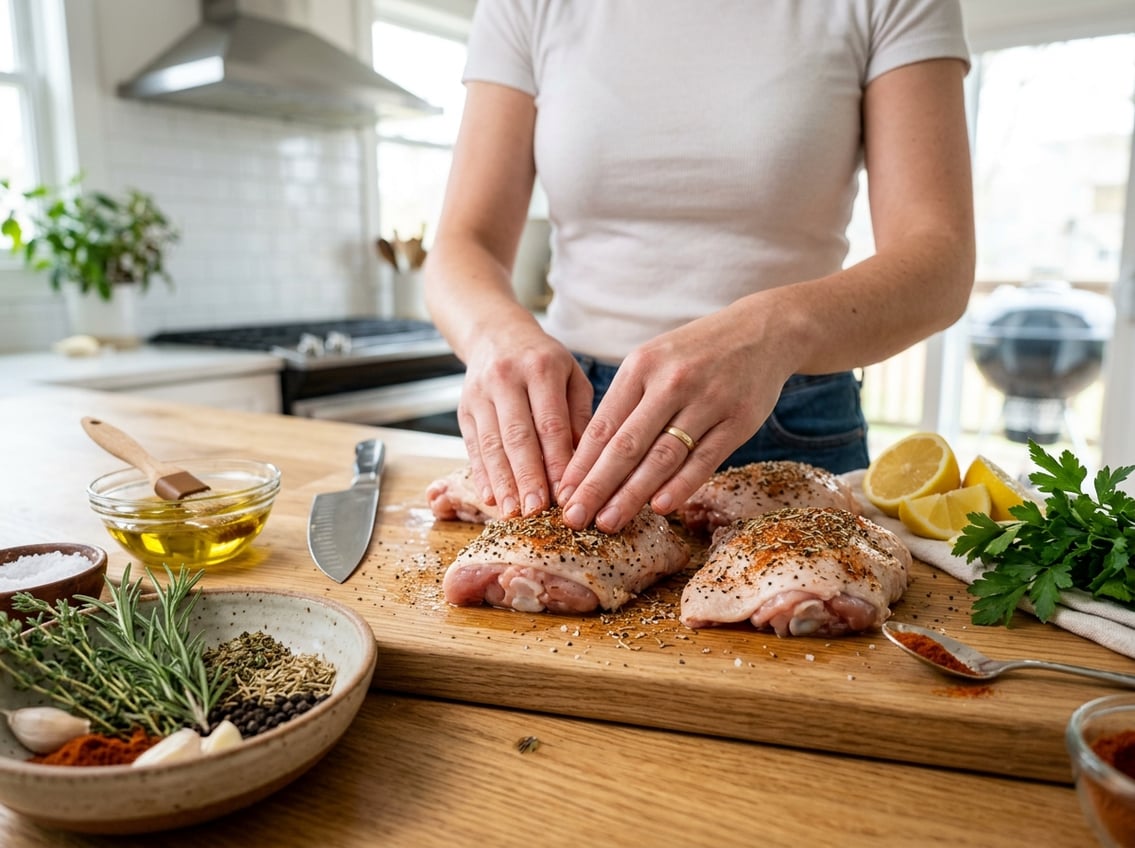 Hands seasoning raw chicken thighs on a cutting board with herbs and spices in a kitchen setting.
