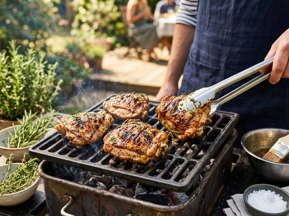 Close-up of grilled chicken thighs on a barbecue grill with fresh herbs and a bowl of marinade nearby in an outdoor setting.