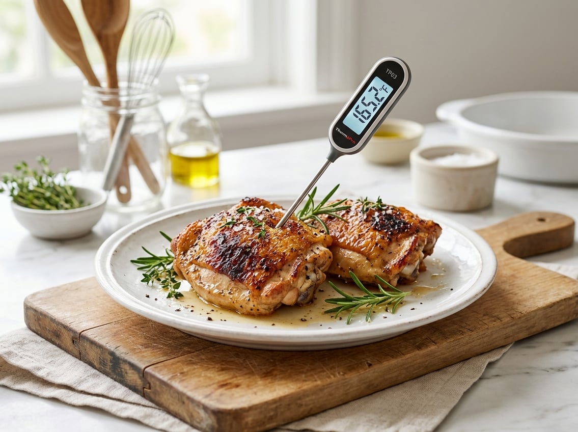 Cooked chicken thighs on a plate with a meat thermometer showing the temperature, set in a bright kitchen.